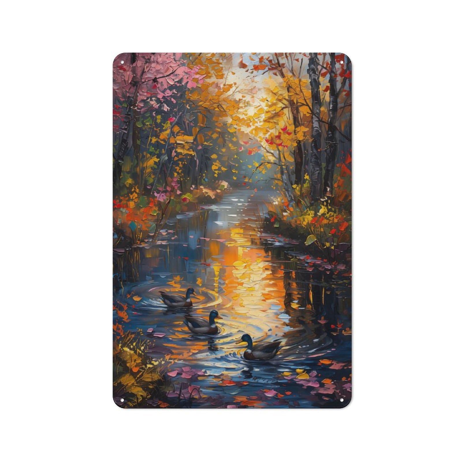 Junmoney Ducks In Floral River Printed Metal Sign 30X20cm For Living Room Or Hallway, For Home Wall Decor Collectors