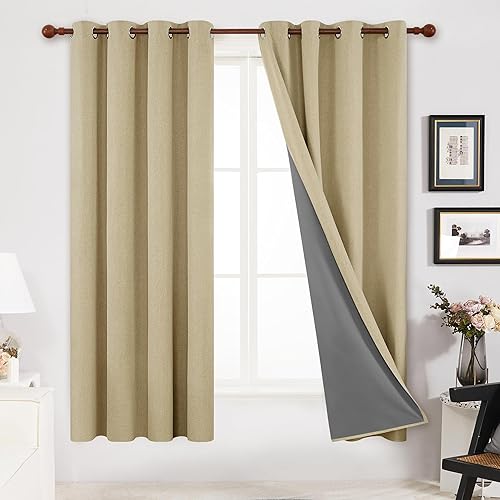Deconovo Cortinas 100% opacas de 84 pulgadas de largo, 2 paneles, cortinas opacas con ojales para sala de estar, cortinas ligeras de lino sintético