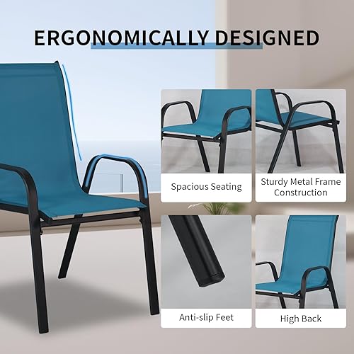 Miniatura 5 de SHGJ&SOFT Juego de 4 sillas apilables para exteriores, sillas de comedor para patio, sillas de marco de metal para todo tipo de clima con tela de