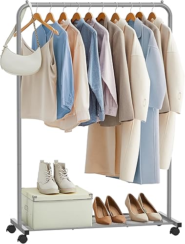 Vista 56 de SONGMICS Perchero de doble barra con ruedas, perchero para colgar ropa, perchero resistente con estante de almacenamiento de malla, 2 frenos, cada