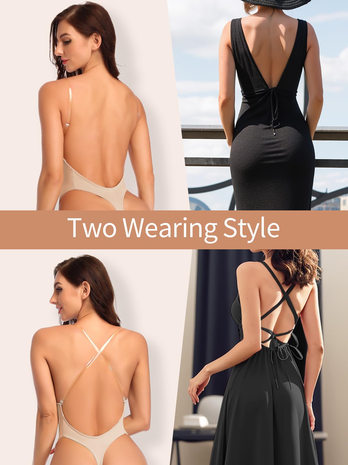SHAPERIN Damen Rückenfreier Bodysuit Tiefer V-Ausschnitt Body Shaper Bauchweg Formender Body String Shapewear mit Push Up BH