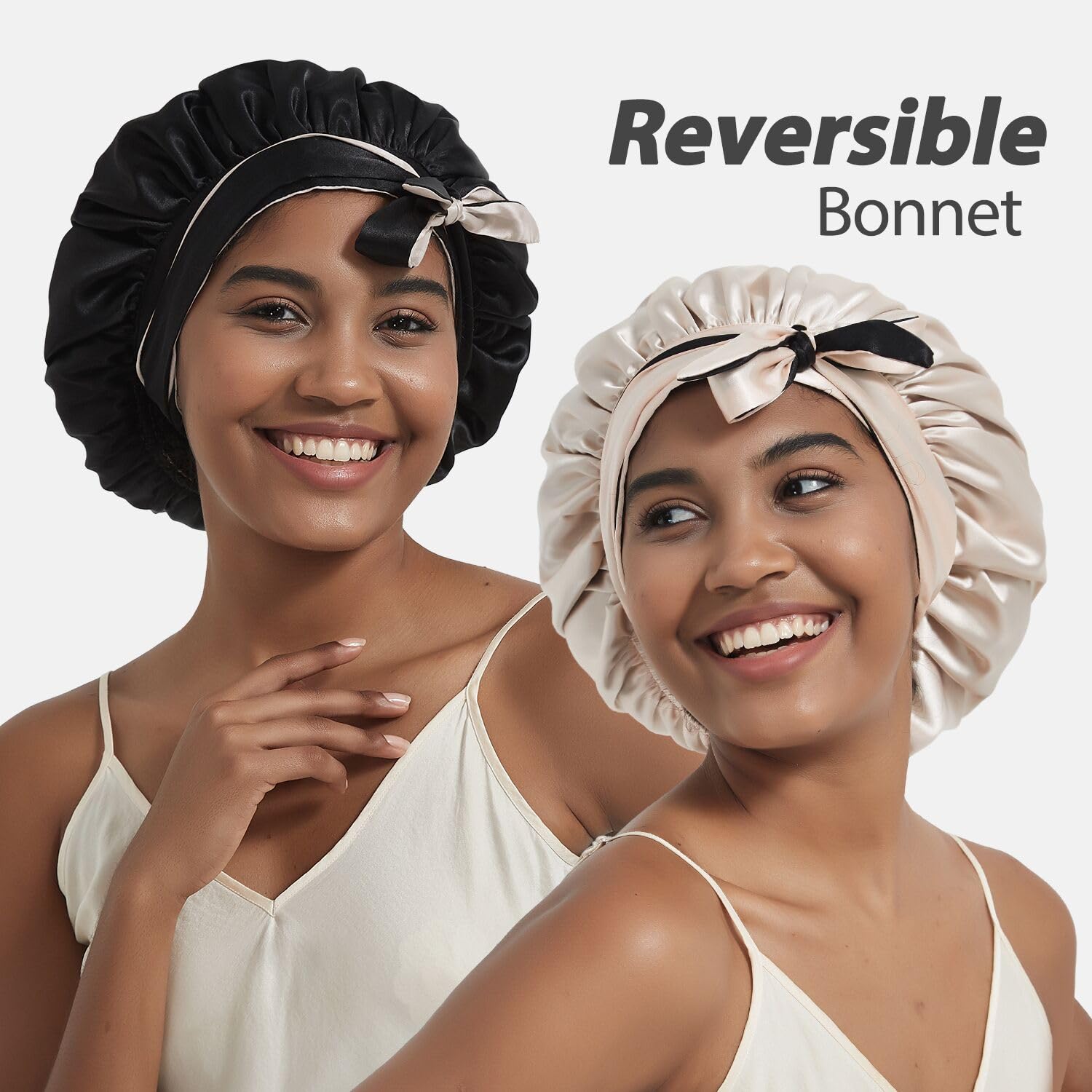 Hat Hut Satin Bonnet for Sleeping Cap for Curly Hair - Double Layer Reversible with Tie Band (Champagne/Black) - Image 2