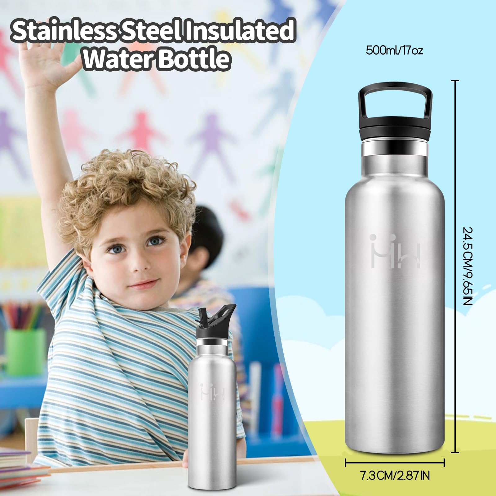 HoneyHolly Borraccia Termica Bambini 500ML, Senza BPA, Bottiglia Termica, Acciaio Inossidabile 18/8, Borraccia Con Cannuccia, A Prova Di Perdite, Borracce Per Scuola, Sport, Ufficio