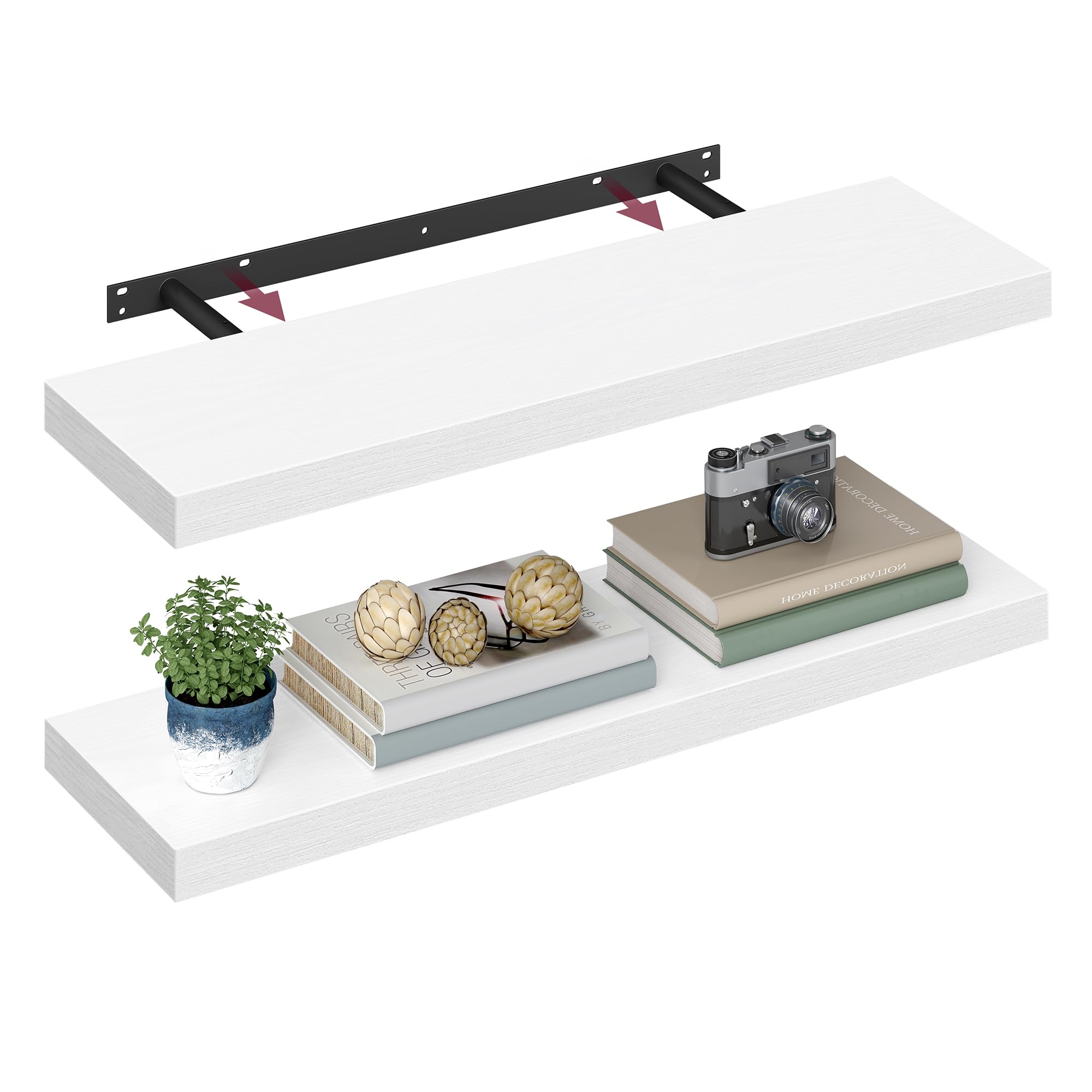 VASAGLE Wall Shelves Set of 2, Floating Shelves, Wall Mounted, 20 x 80 x 3.8 cm, for Picture Frames, Wall Decor, Living Room, Study, Kitchen, Snow White LWS028WE01-2J