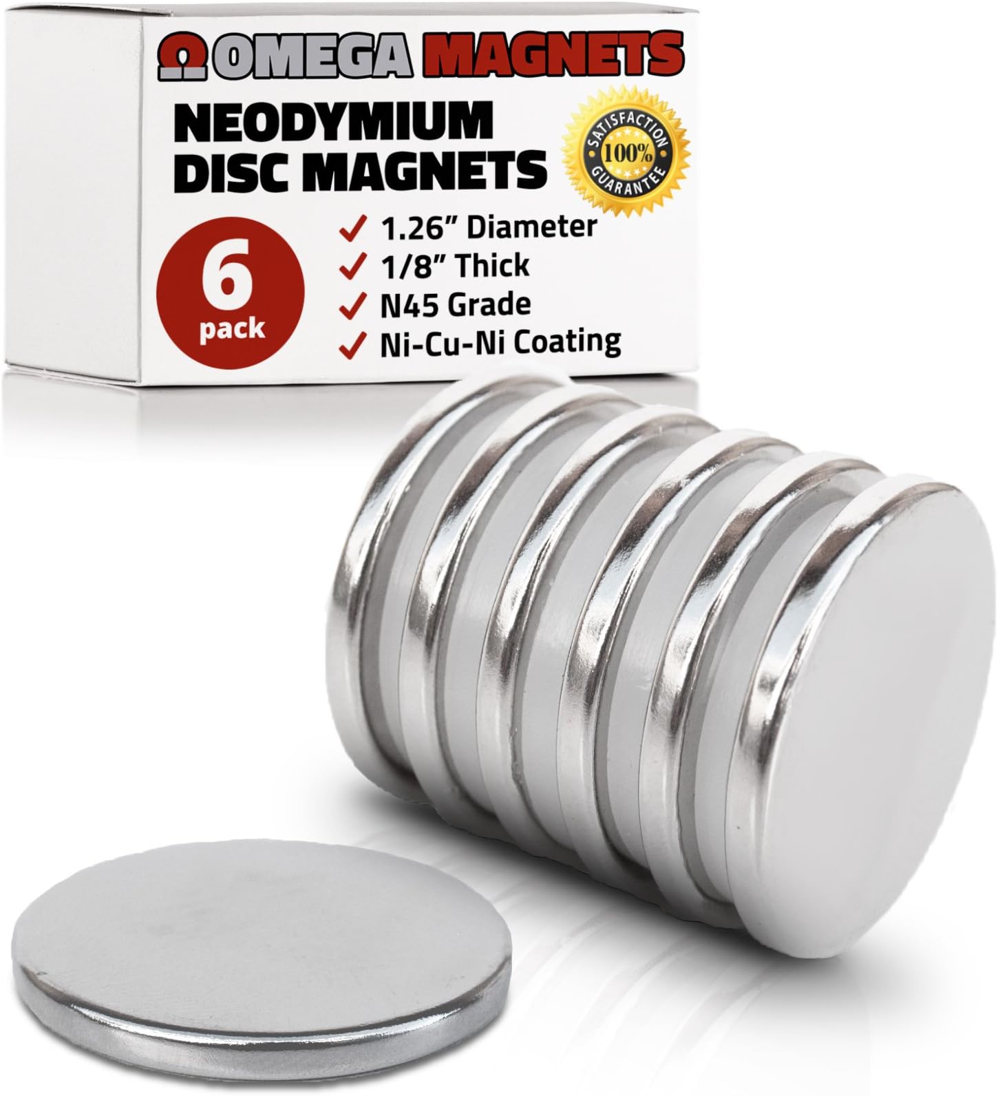 Strong Neodymium Disc Magnets (6 Pack) - 2X Stronger, 2X Thicker, Powerful, Small, Round, Rare Earth Magnets - N45 Industrial Strength NdFeB Magnet Set for Fridge, DIY, Crafts - 1.26" x 1/8"