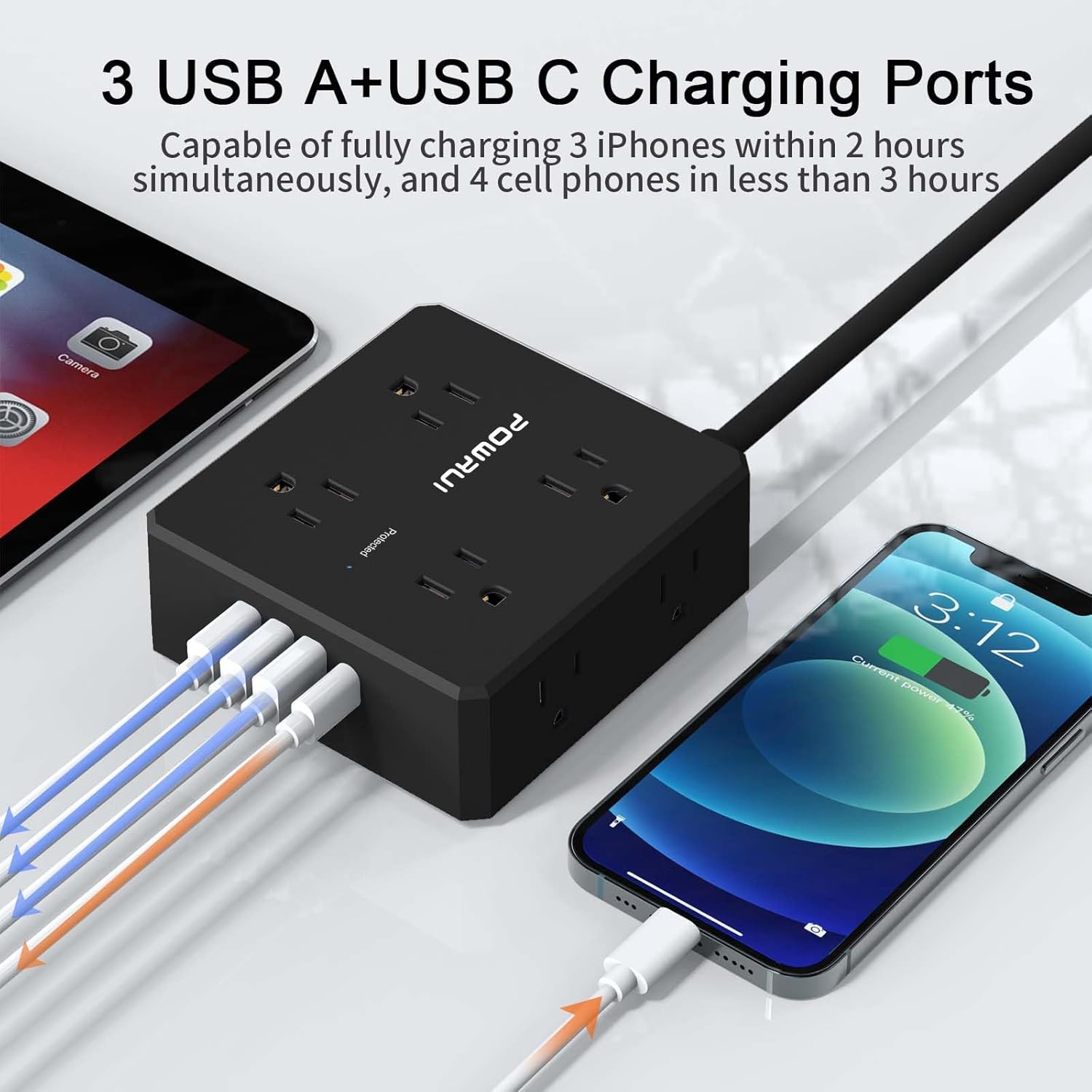 Surge Protector Power Strip - 20 Ft Flat Plug Extension Cord with 8 Widely Outlets and 4 USB Ports(1 USB C), 3 Side Outlet Extender for Home Office, Black, ETL Listed