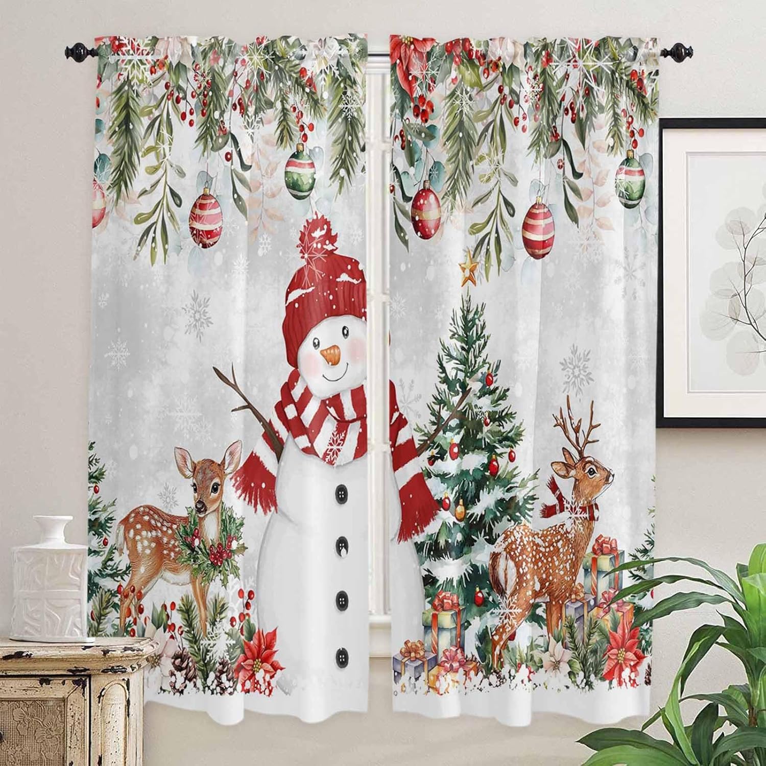 Grey Christmas Window Curtains 72 Inch Long 2 Panel Set,Rod Pocket Long Curtains & Drapes,Snowman Xmas Tree Elk Poinsettia Eucalyptus Window Treatment for Bedroom Living Room 52"W x 72"L