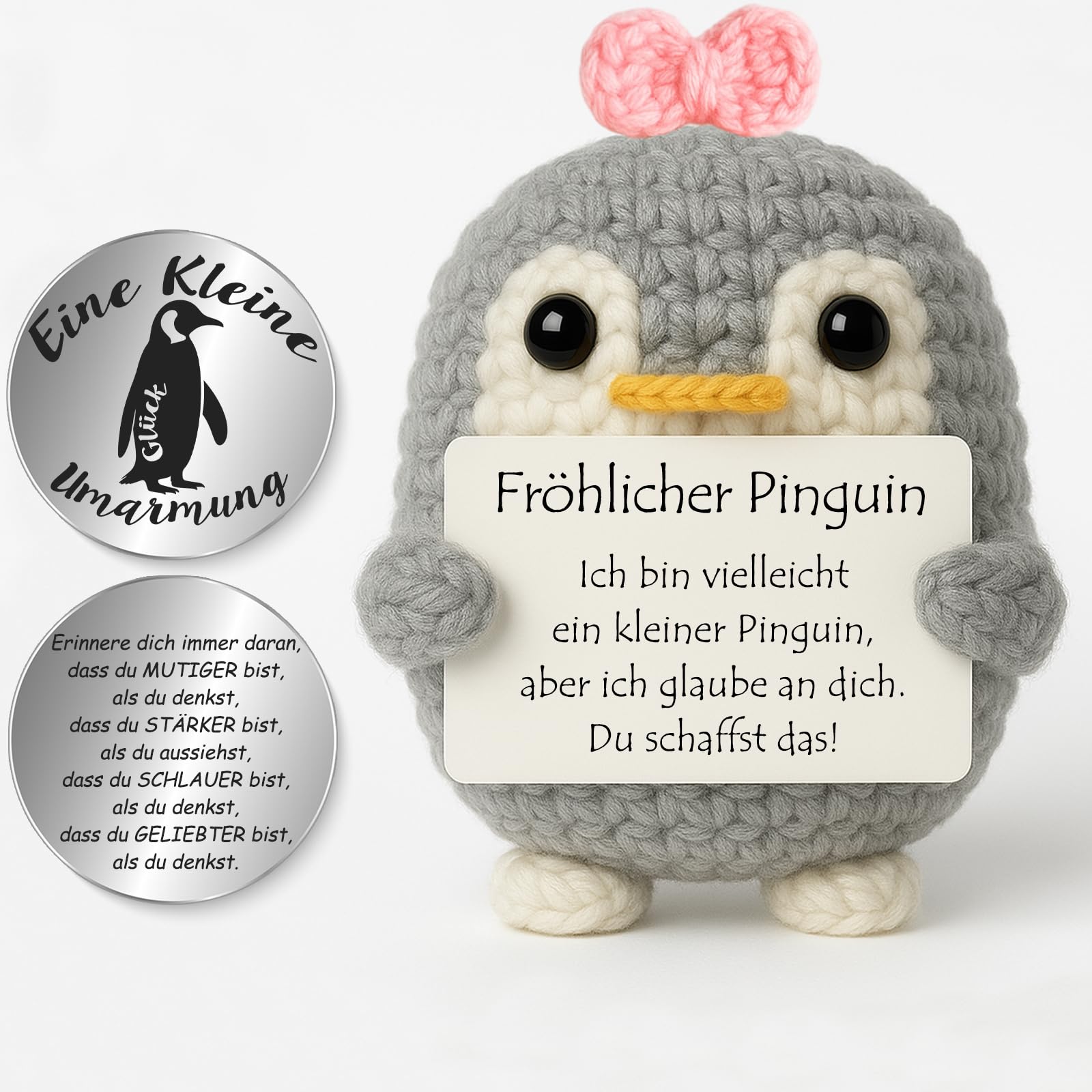 Tixlux Pocket Hug Fröhlicher Pinguin, Kreative Strickwolle Pinguin Dekofigur und Kleine Umarmung Glücksbringer, MutmacherGeschenk, Gute Besserung Geschenk, Weihnachten
