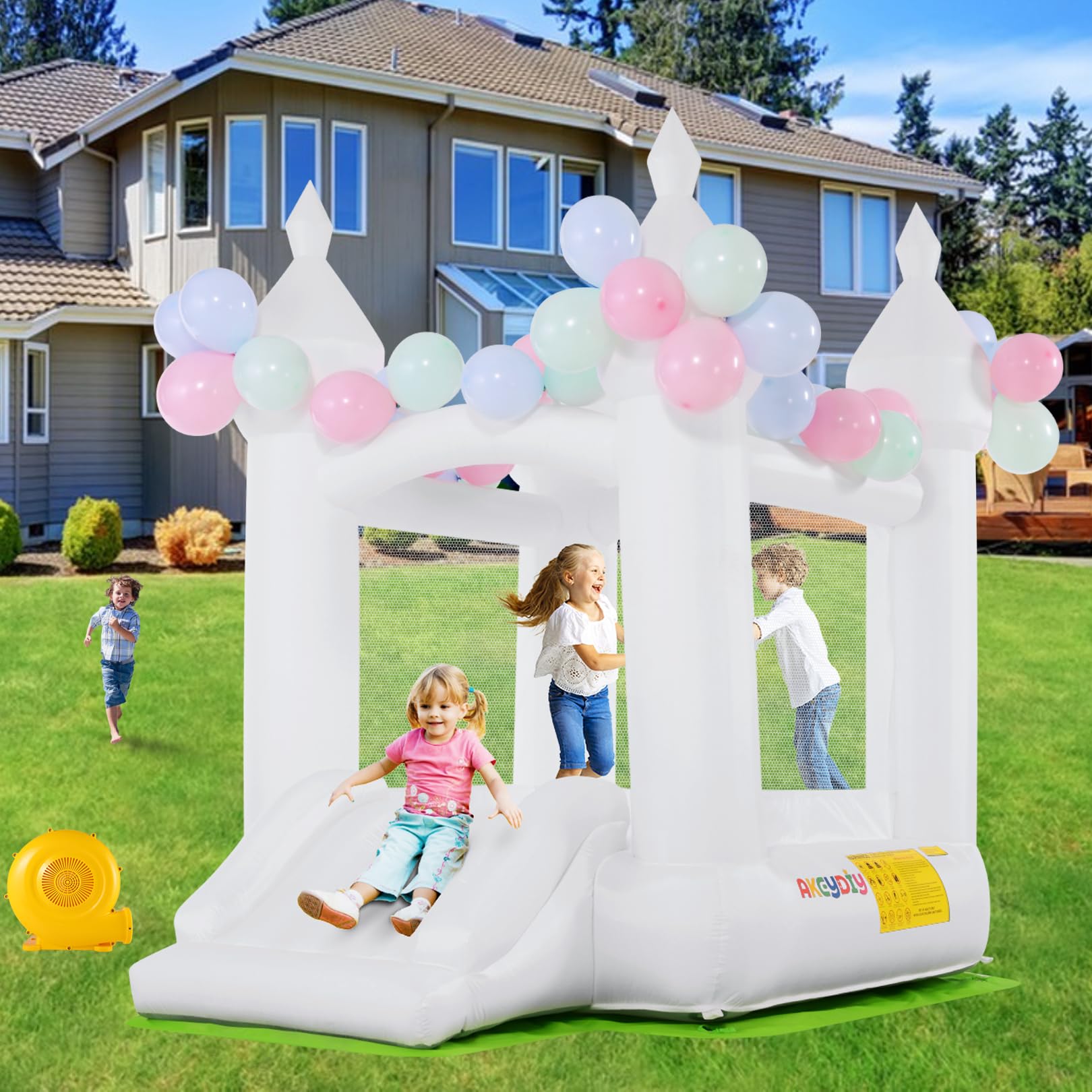 AKEYDIY White Bounce House, Outdoor Indoor Fun Bouncy House with Blower, Bouncy Castle Inflatable Bouncer Slide for Kids 3-8, 102