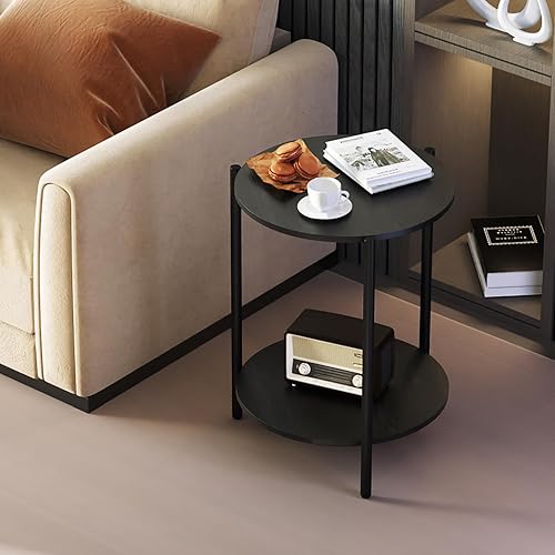 Miniatura 7 de Mesa auxiliar redonda, mesas auxiliares circulares de 2 niveles con almacenamiento de madera rústica, mesas auxiliares pequeñas, mesa auxiliar de