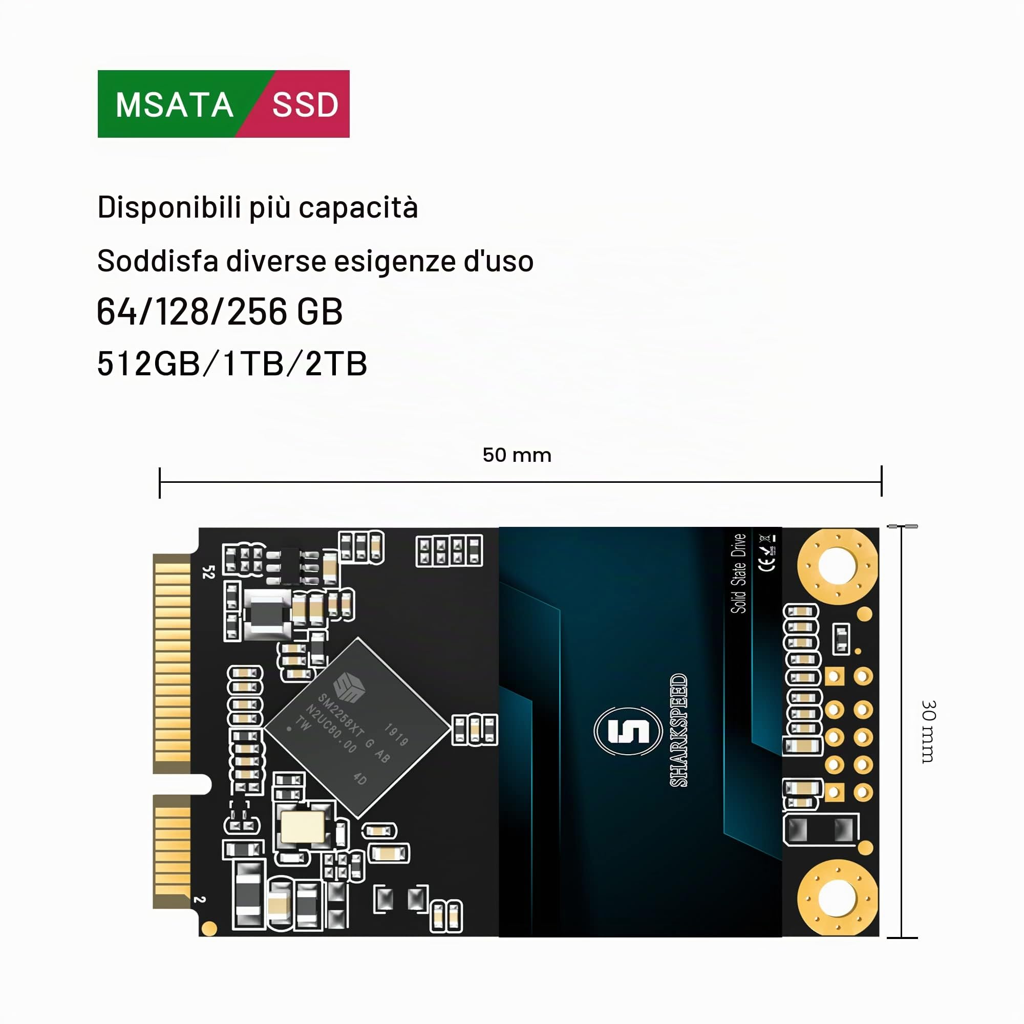 SSD 256GB mSATA TLC 3D NAND SATA 3 (6Gb/s), Unità a Stato Solido Interno per Laptop, Computer Desktop/PC (256GB, MSATA)
