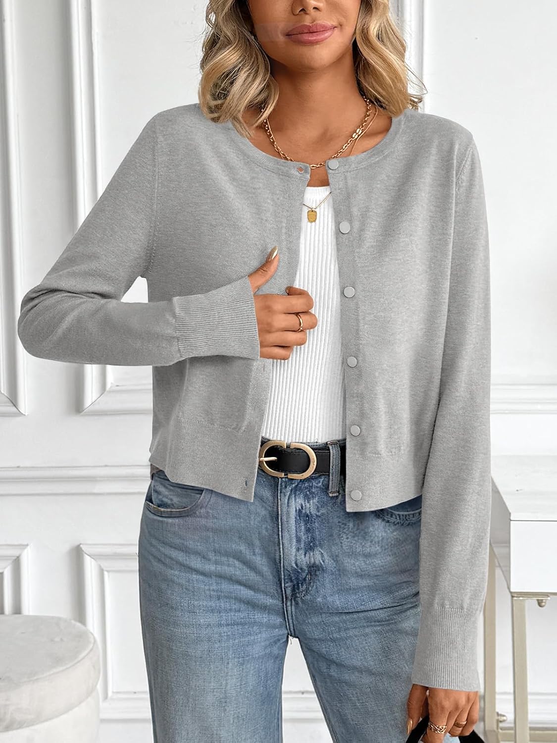 LILLUSORY Womens Cropped Cardigan Crew Neck Lightweight Crop Sweaters Fall Cute Button Down Knit Clothes 2026 - Image 2