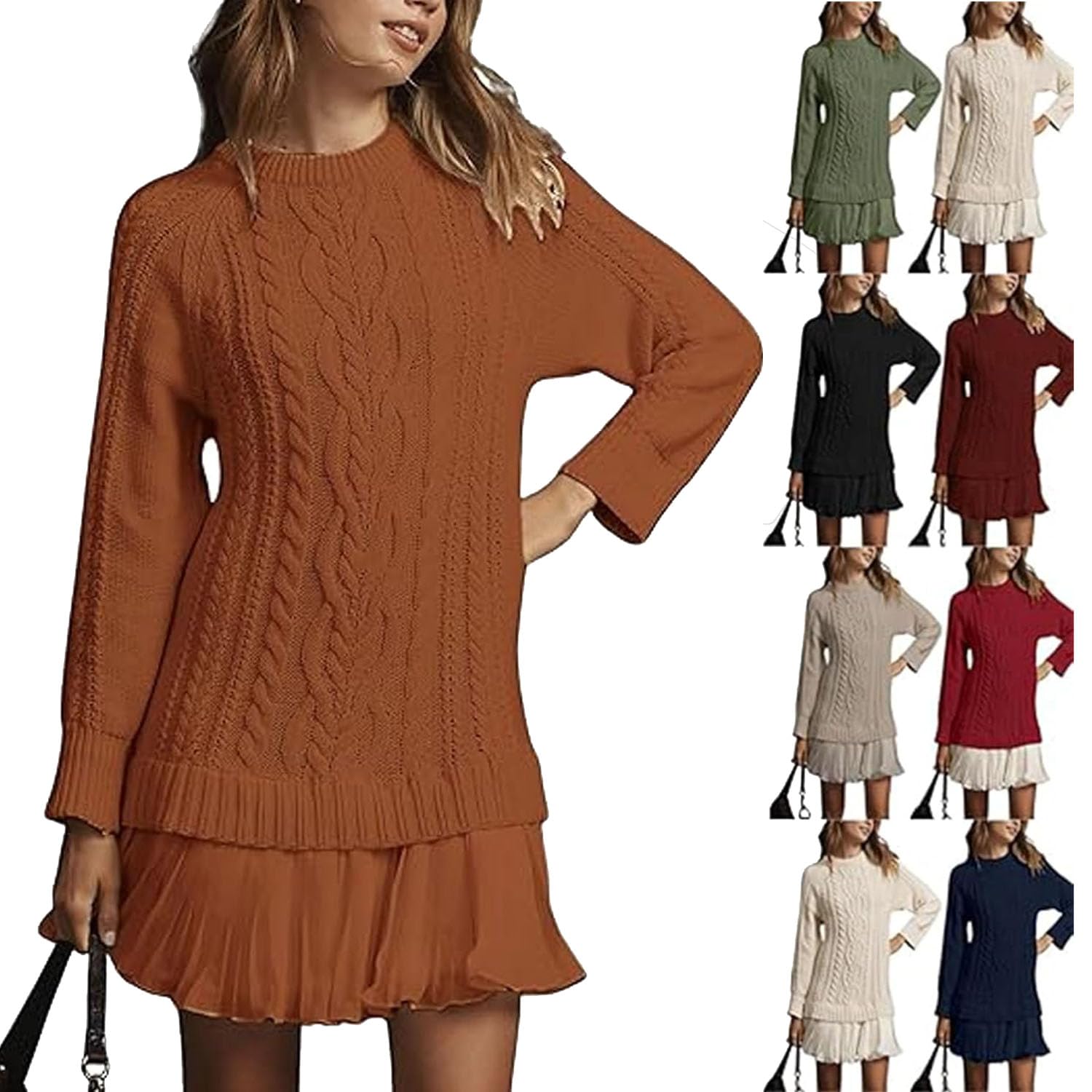 Vestido Mini de Punto Trenzado con Cuello Redondo para Mujer, Vestido Informal de Punto Trenzado con Cuello Redondo y Manga Larga para Mujer, Traje de otoño (Caramel,3XL)