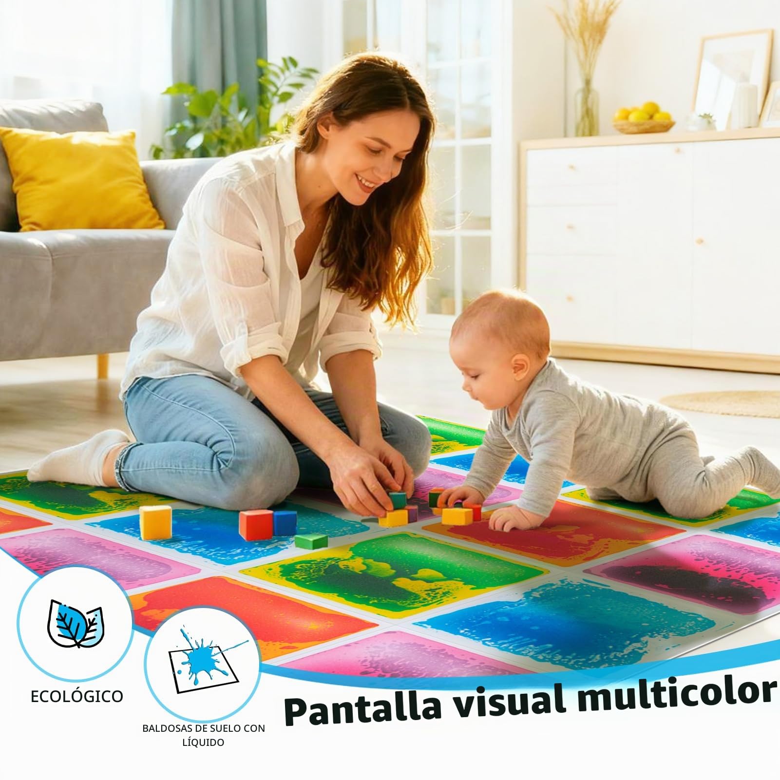 Art3d Baldosas Sensoriales Líquidas Cuadradas | 4 Piezas PVC 30x30 cm | Líquido Atóxico y Antideslizante | Juego Niños, Escuela | Sin Instalación