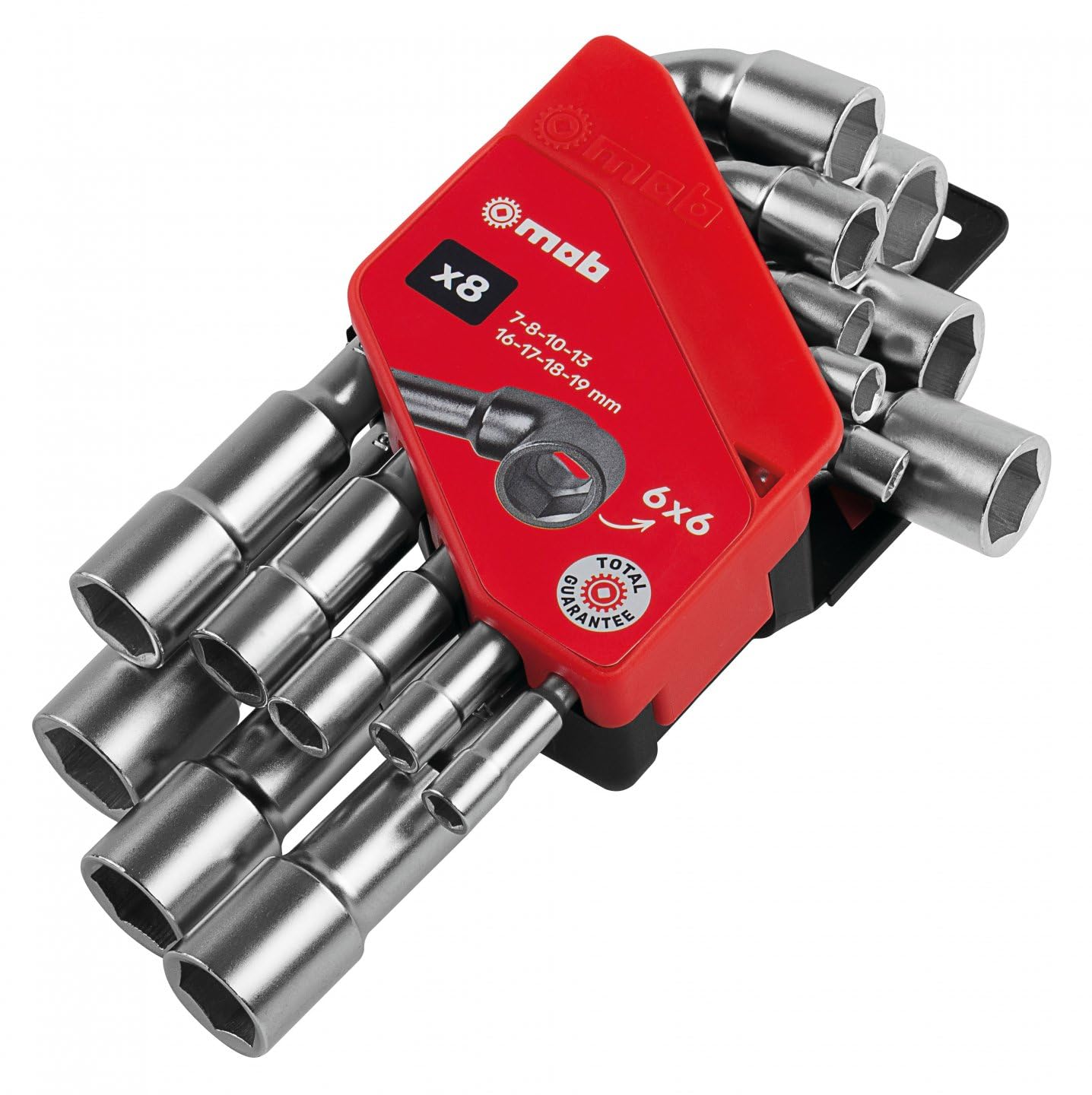 mob Monture avec 8 Clés à Pipe Débouchées 6x6 Pans – Acier Chrome Vanadium Forgé, Rangement Compact, Clés sur Monture avec Repérage Rapide des Dimensions, Norme NF ISO 2236