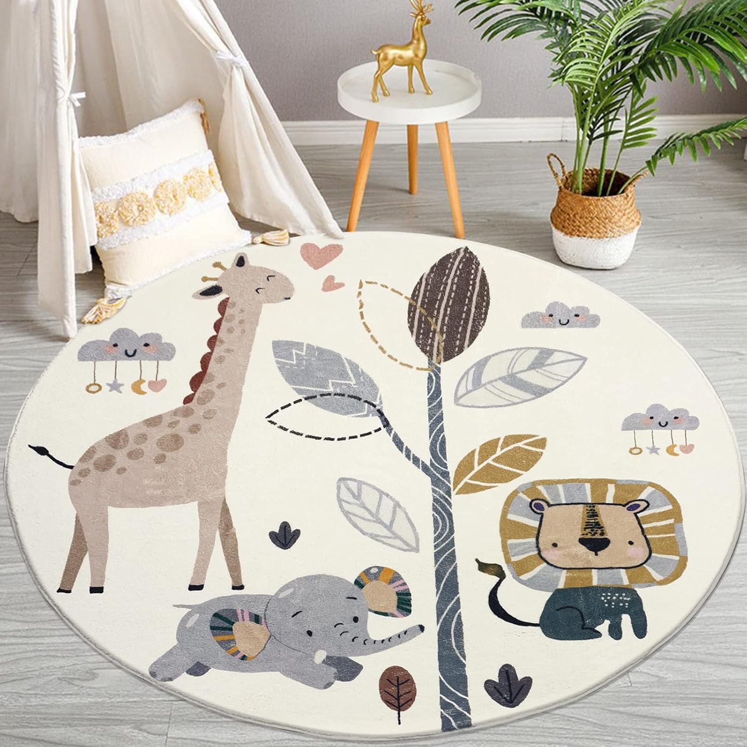 Children's Round Play Rug, 100cm Cute Cartoon Animal Giraffe, Elephant, Lion, Tree, washable Children's Crawling Rug, Soft Non-Slip Mat, Low-Pile Non-Shedding Carpet for Living Rooms, Classrooms