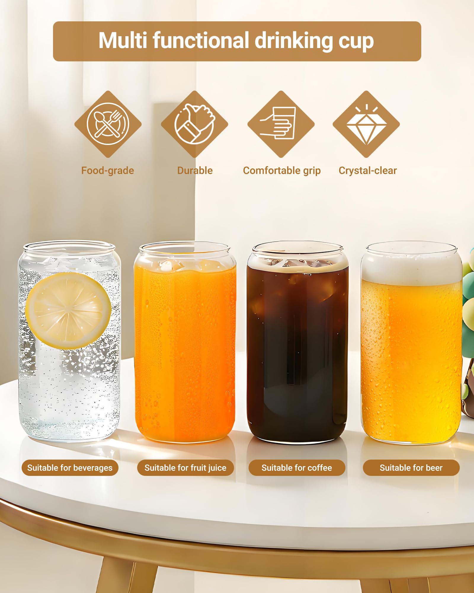 Zestaw 4 szklanek o pojemności 500 ml z pokrywką i słomką, szklanki do wody i matchy, szklanki do napojów z pokrywką, szklanki do mrożonej kawy - szklanki do kawy – Iced Coffee – Matcha i