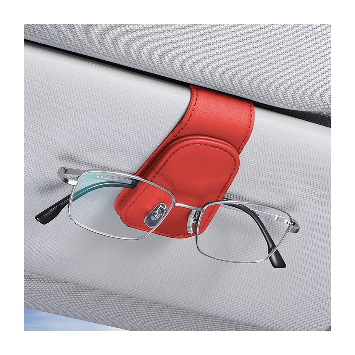 AICEL Sunglasses Holders for Car Sun Visor, Leather Magnetic Clip, Red