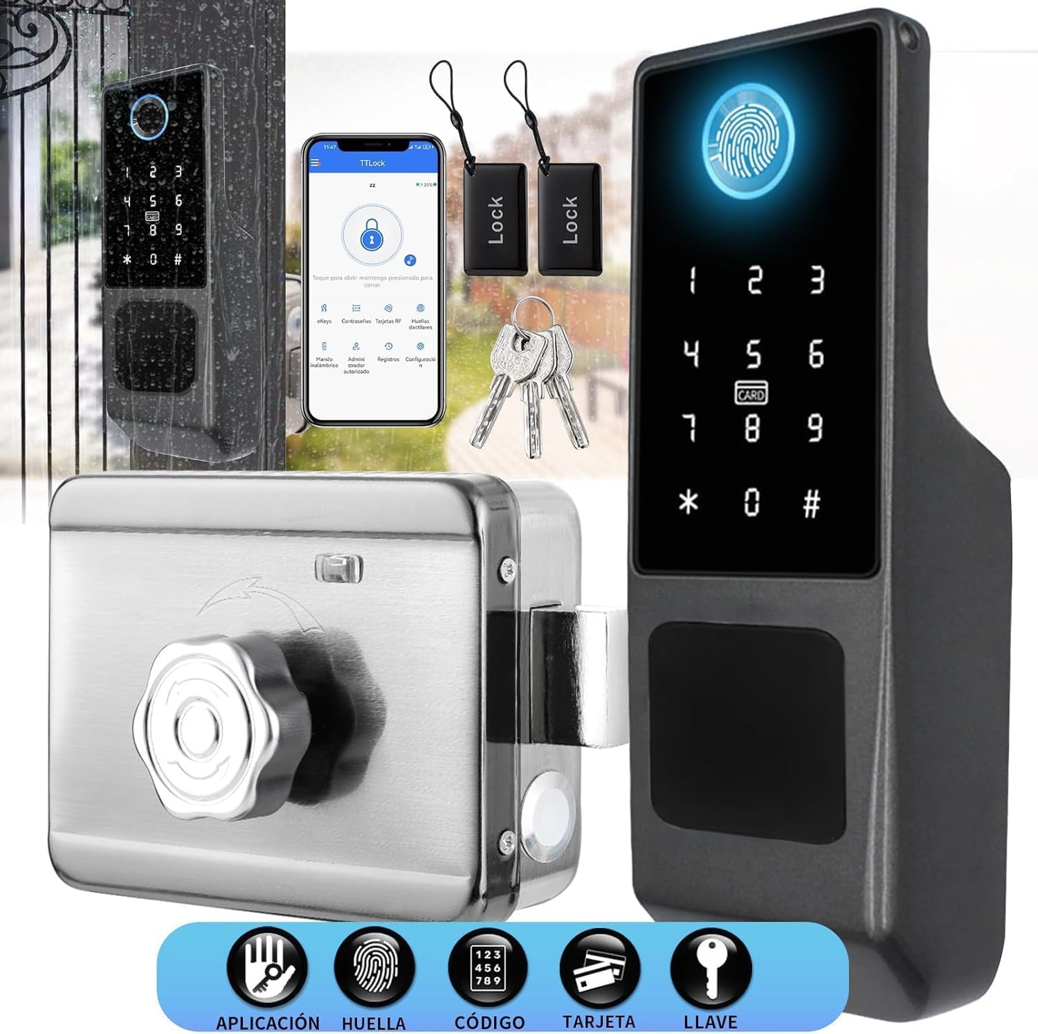 LOKOOY Cerradura inteligente, cerradura inteligente electrónica 5 en 1-huella digital, contraseña, TTLOCK APP, llave física, tarjeta RF, cerradura inteligente impermeable para exteriores IP65