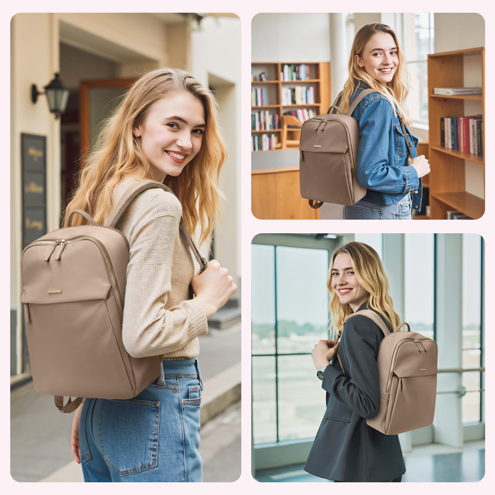 GOLF SUPAGS Frauen Rucksack Casual Daypack für Arbeit Reisen Hochschulen Rucksack Geldbörse Fits 14 Zoll Notebook (Champagnerfarben)
