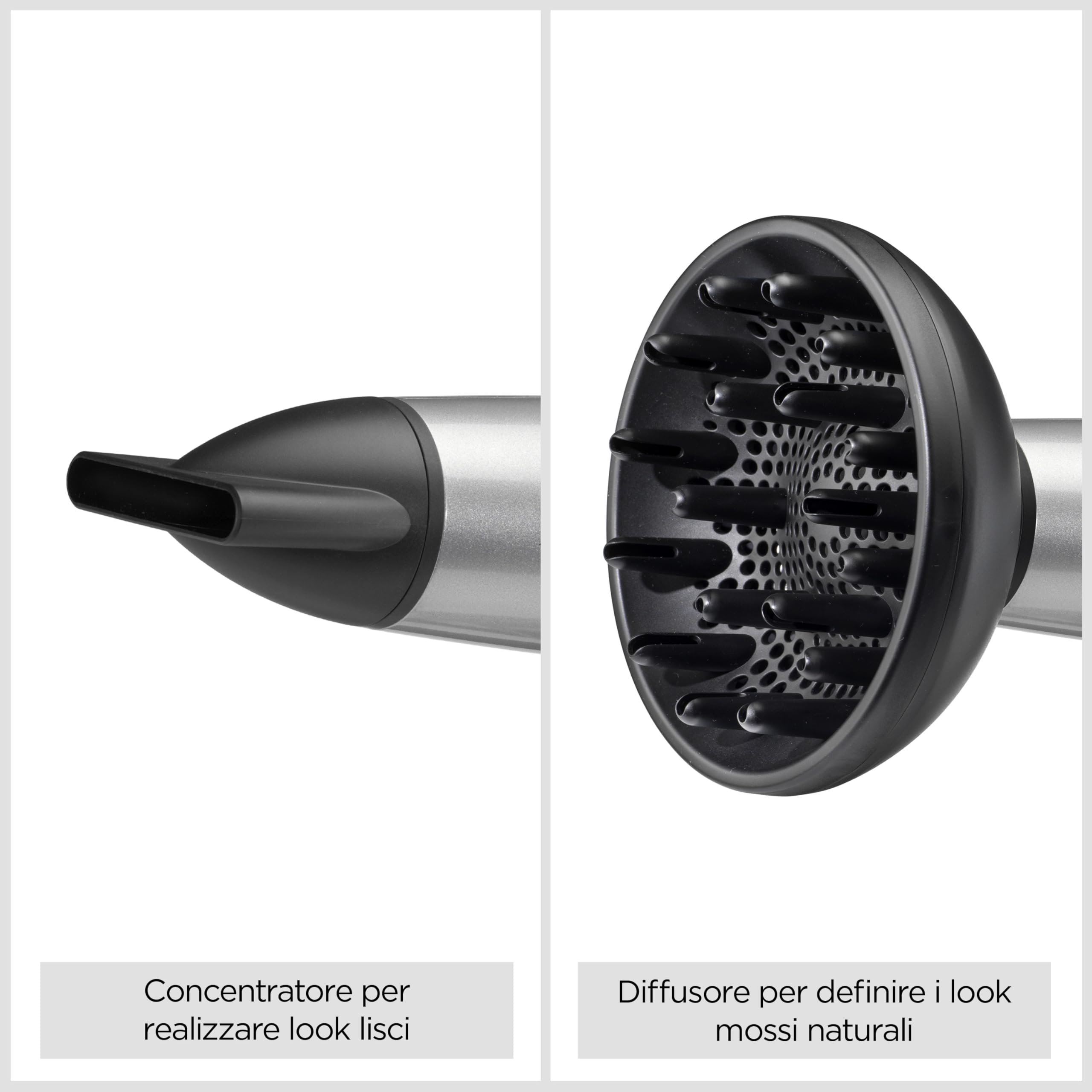 BaByliss Cosmos Phon Capelli Leggero - Diffusore per Asciugacapelli, Potente ed Elegante da 2100W, Ionico Anti-Crespo, 3 Impostazioni di Calore e 2 di Velocità, Argento, D580DE