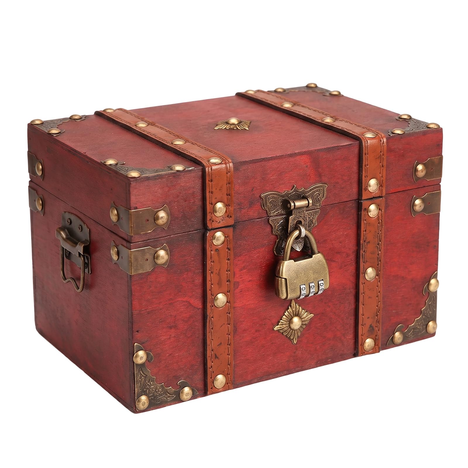 Dexpally Large Pirate Treasure Chest, 22 x15 x14cm Treasure Box with Lock Vintage Wooden Chest for Home Decor Great Christmas Xmas Gifts, for Storing Jewelry Treasure, Red