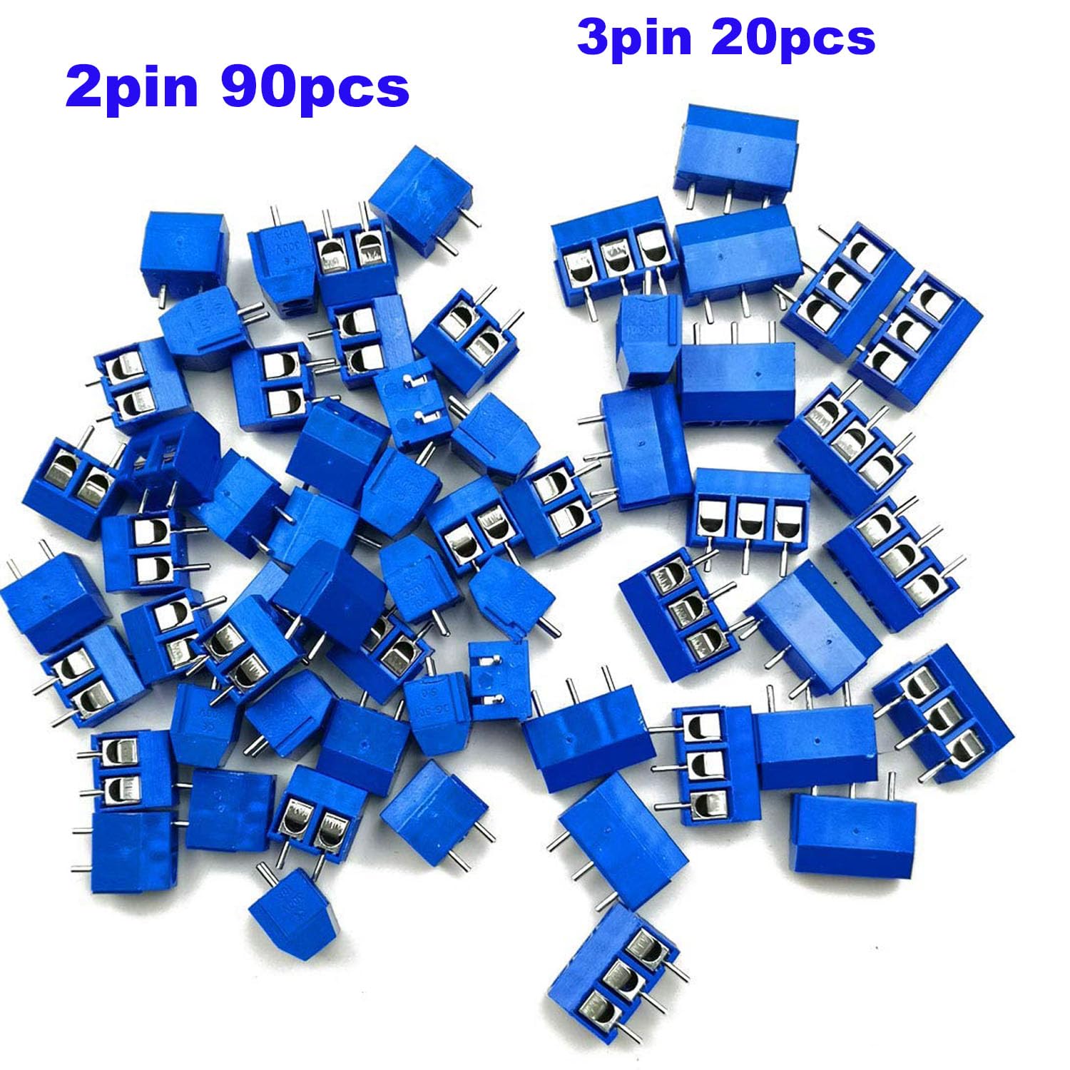 RUNCCI-YUN 110 sztuk 5 mm 2 piny / 3 piny PCB Mount Screw Terminal Block zacisk śrubowy złącze wtykowe, do Arduino (niebieski 2 pin-90, 3 pin-20)