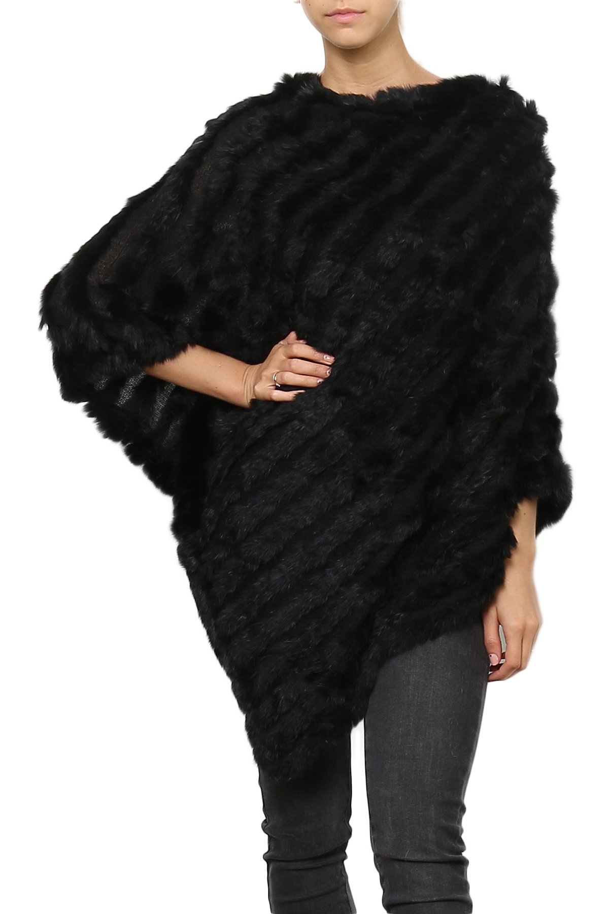 Miss Rouge poncho en fourrure lapin,tricote (Noir)
