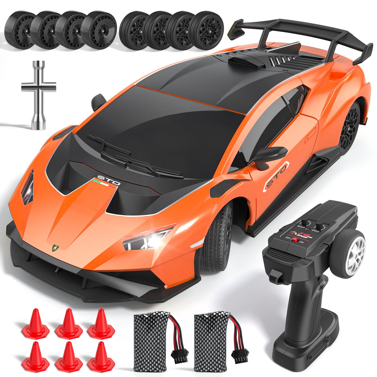 Lamborghini RC Drift Car, 1:18 4WD High Speed Remote Control Drift Cars with Full Proportional Throttle and LED Light, 35 KM/H RC Racing with Speed Adjustment, Boys Toy Gifts Age 6 7 8 9 10 11 12+