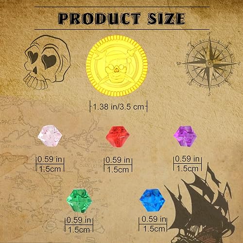 Miniatura 3 de LOMIMOS Monedas de oro pirata, 144 piezas de tesoros enterrados y gemas piratas, paquete de decoración de fiesta (72 monedas + 72 gemas)