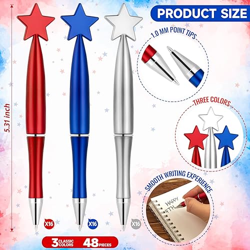 Miniatura 5 de 48 bolígrafos con diseño de estrella, 4 de julio, Día de la Independencia, bolígrafos de tinta negra patriótica de 0.039 pulgadas para suministros
