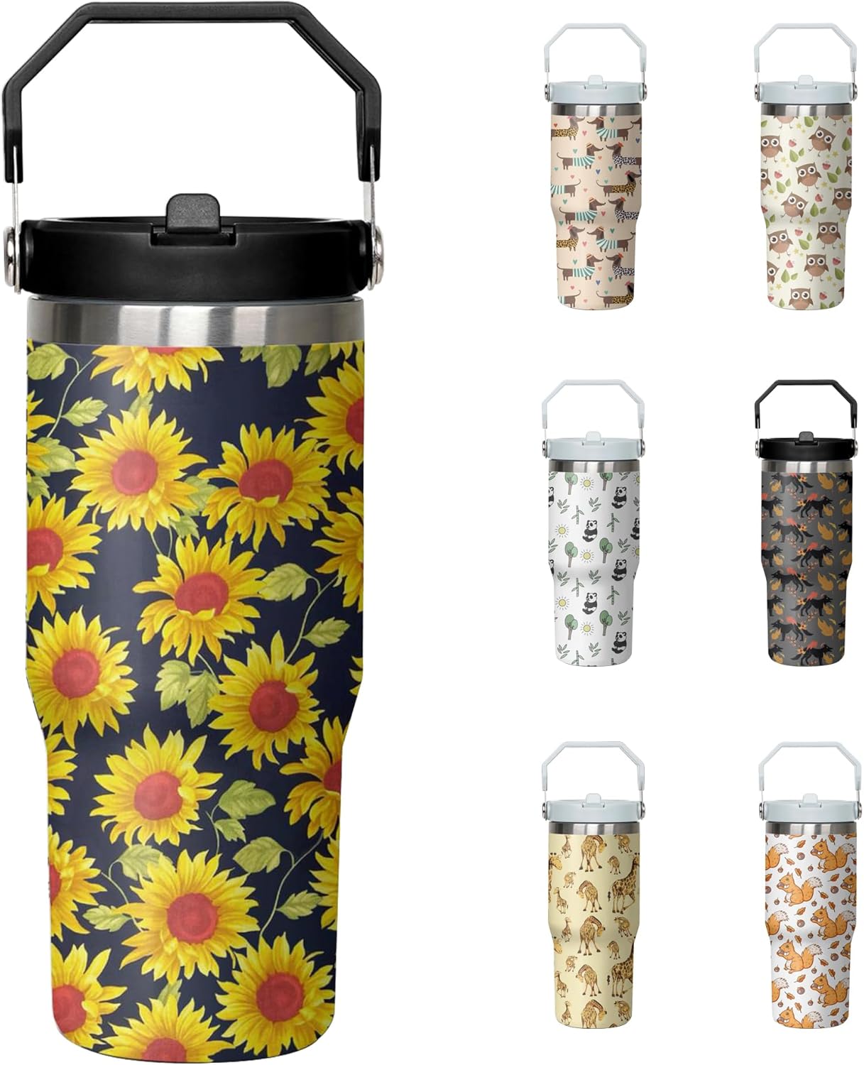 30oz Sunflower Tumbler with Handle and Flip Straw, Floral Stainless Steel Insulated Cup, Travel Coffee Mug Water Bottle, Birthday Mothers Day Chritmas Gifts for Women Animal Flowers Lovers