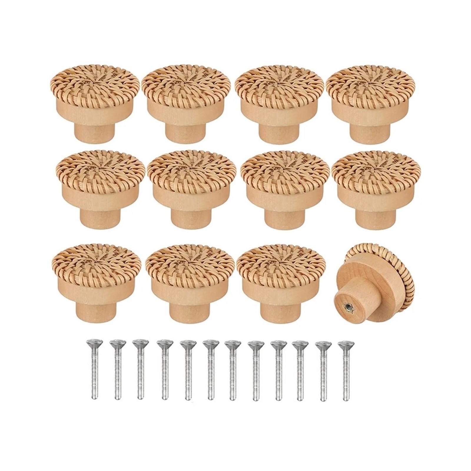 UBOHUZ 12Pcs Rattan Dresser Knobs Round Wooden Drawer Handmade Wicker Woven and Screws for Furniture for Cupboard, Wardrobe(Color 2)