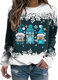 Rewneck Moletom feminino de Natal com estampa de floco de neve e floco de neve, casual, manga comprida, gola redonda