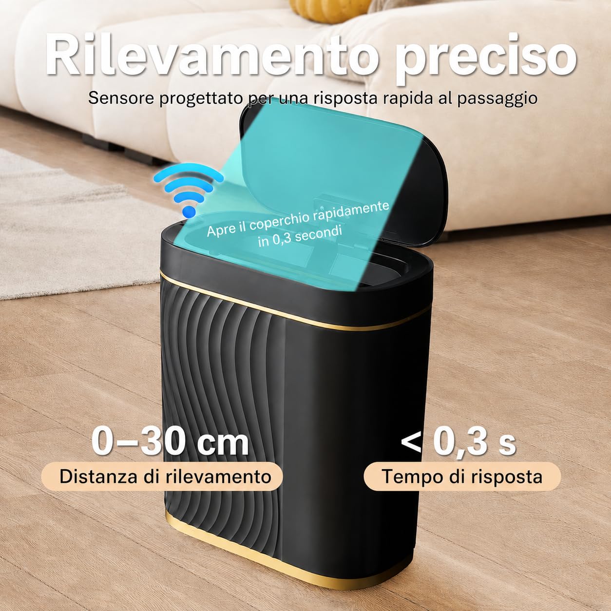 Pattumiera Automatica con Sensore 8 L - Cestino Elettrico con Coperchio per Cucina e Bagno - Impermeabile / Anti-odore per Ufficio, WC - Pattumiera Nera Silenziosa (Nero)