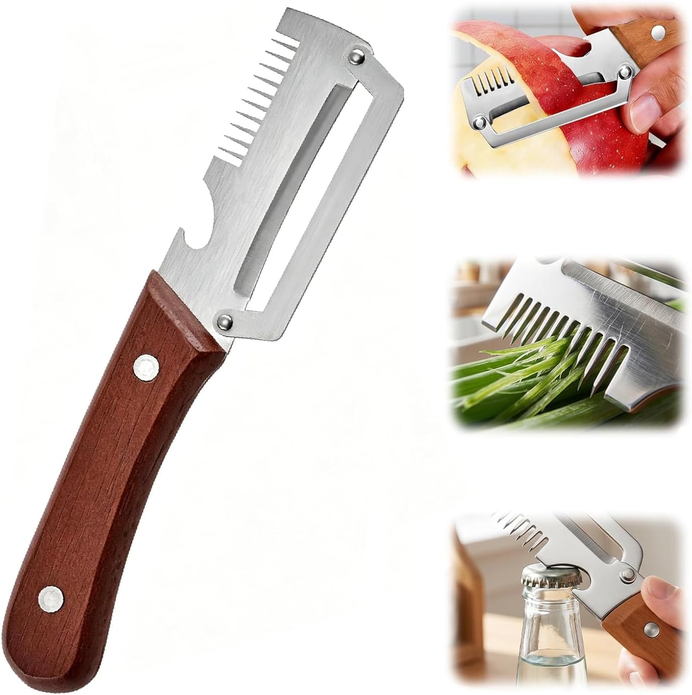 Premium Vegetable Peeler with Wooden Handle and Bottle Opener, Multi-Functional Vegetable Peeler for Kitchen, Kitchen Gadgets Tool for Fruit Pumpkin Peeling Potato Carrot Veggie Peeler (2) (1)