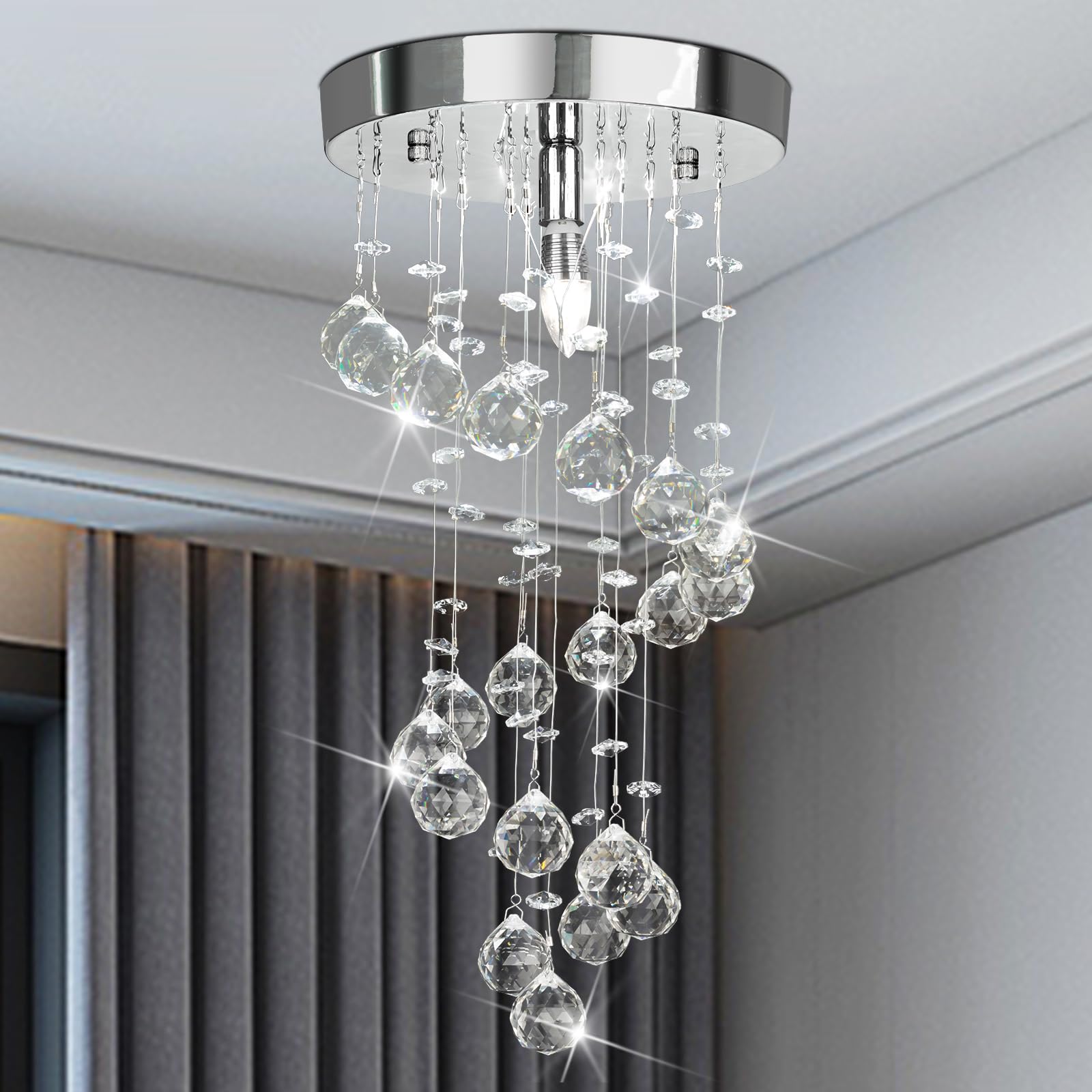 Modern Crystal Chandelier Elegant Spiral Flush Mount Chandelier Modern Raindrop Crystal Ball Chandeliers Fixture Pendant Ceiling Lamp Lighting Fixtures for Bedroom Hallway Living Room D8 x H15.8