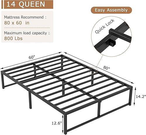 Miniatura 61 de VECELO Marco de cama de plataforma de metal de 14 pulgadas, base de colchón, no necesita somier, soporte de listones de acero (tamaño matrimonial)