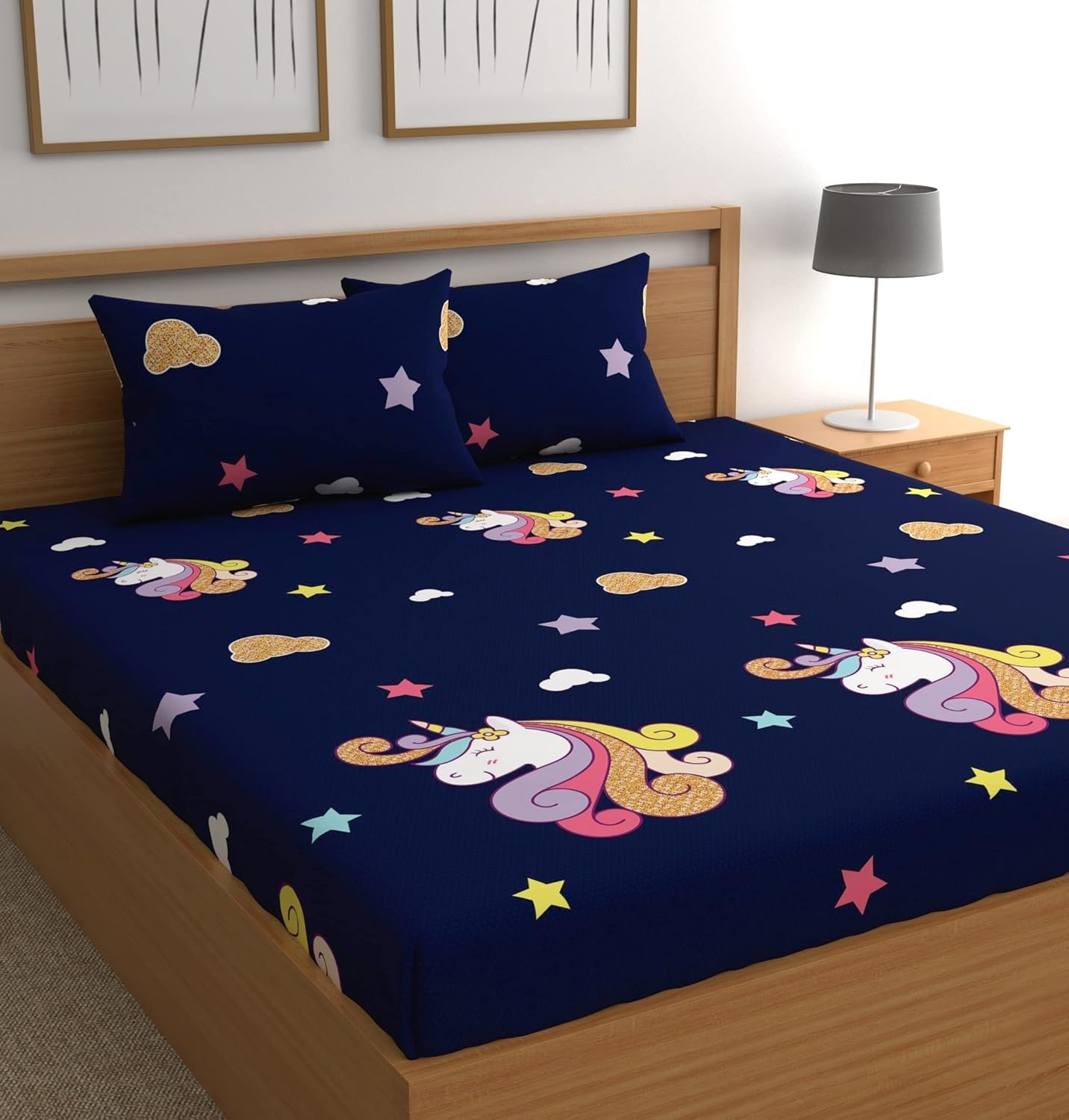 CLiDE Presents 100% Attractive Polycotton Bedsheet | Double Bedsheet | Queen Size Bedsheet | Double Bed Bedsheet with Two Pillow Covers - 90X90 INCH (Blue Unicorn)-picture-29