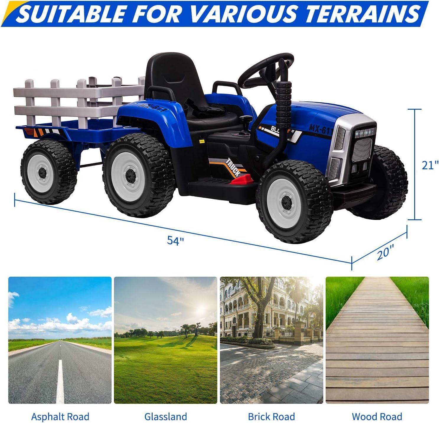 Nasitip 12V Kids Battery Powered Electric Tractor with Trailer, Toddler Ride On Car w/Remote Control/ 7-LED Headlights/ 2+1 Gear Shift/ MP3 Player/USB Port for Kids 3-6 Years (Blue, 35W/ EVA Tire)