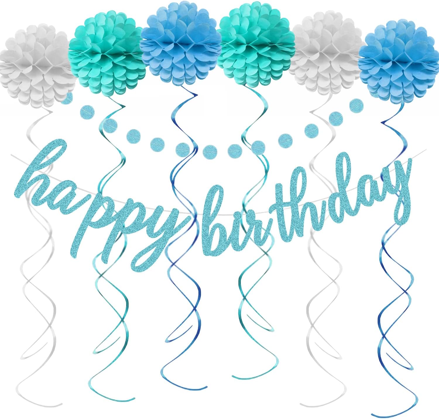 AonorHappy Birthday Decorations - Glittery Blue Happy Birthday Banner Sign, Pom Poms Flowers, Glittery Circle Dots Garland and Hanging Swirls for Bluey Birthday Party Decorations