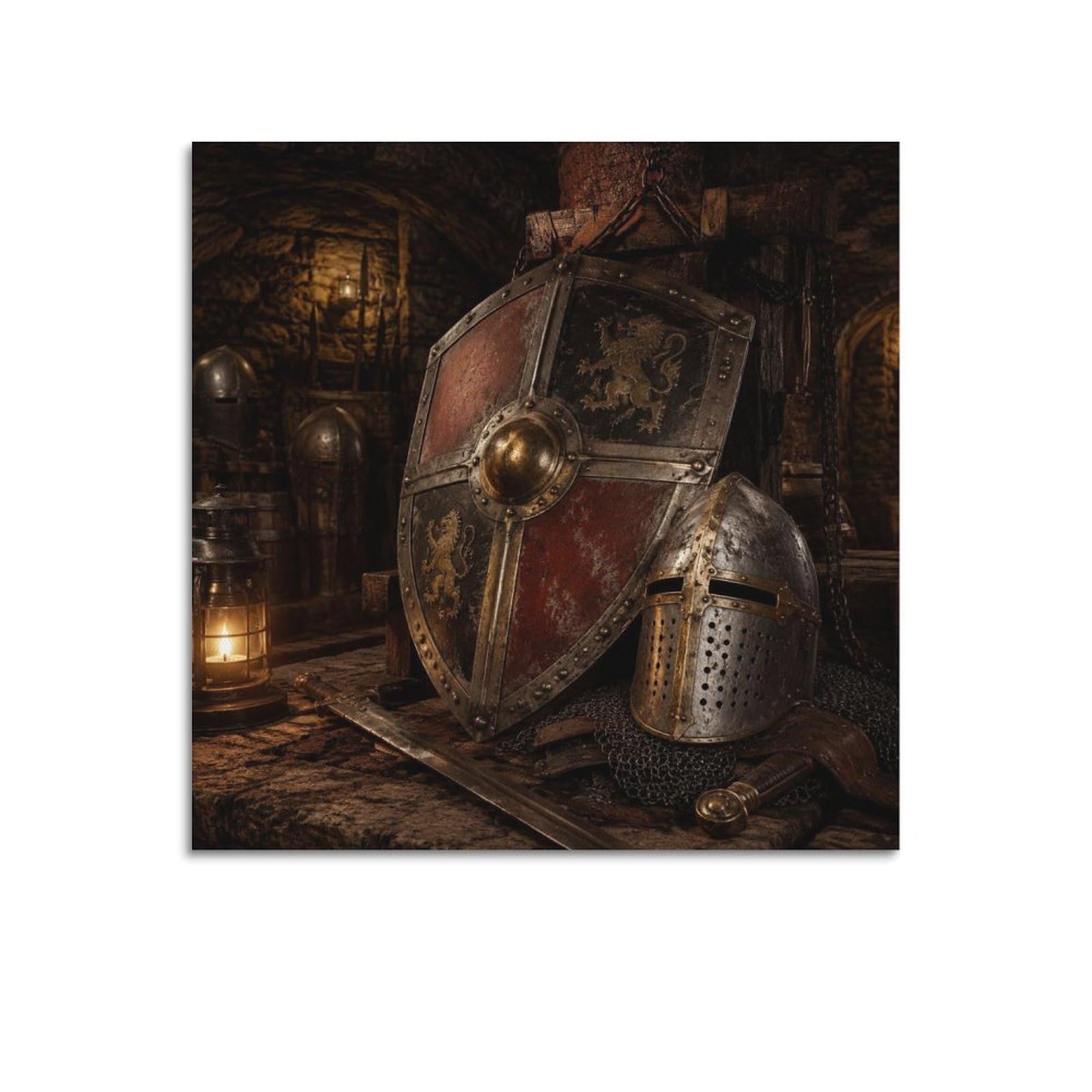 XKUGA Medieval Shield Vintage Poster Wood Cellar Helmet Tavern Relic Modern Decorative Canvas Prints - Ideal Wall Art for Family, Man Cave, Game Room, Boys & Girls Bedroom 12x12inch(30x30cm)