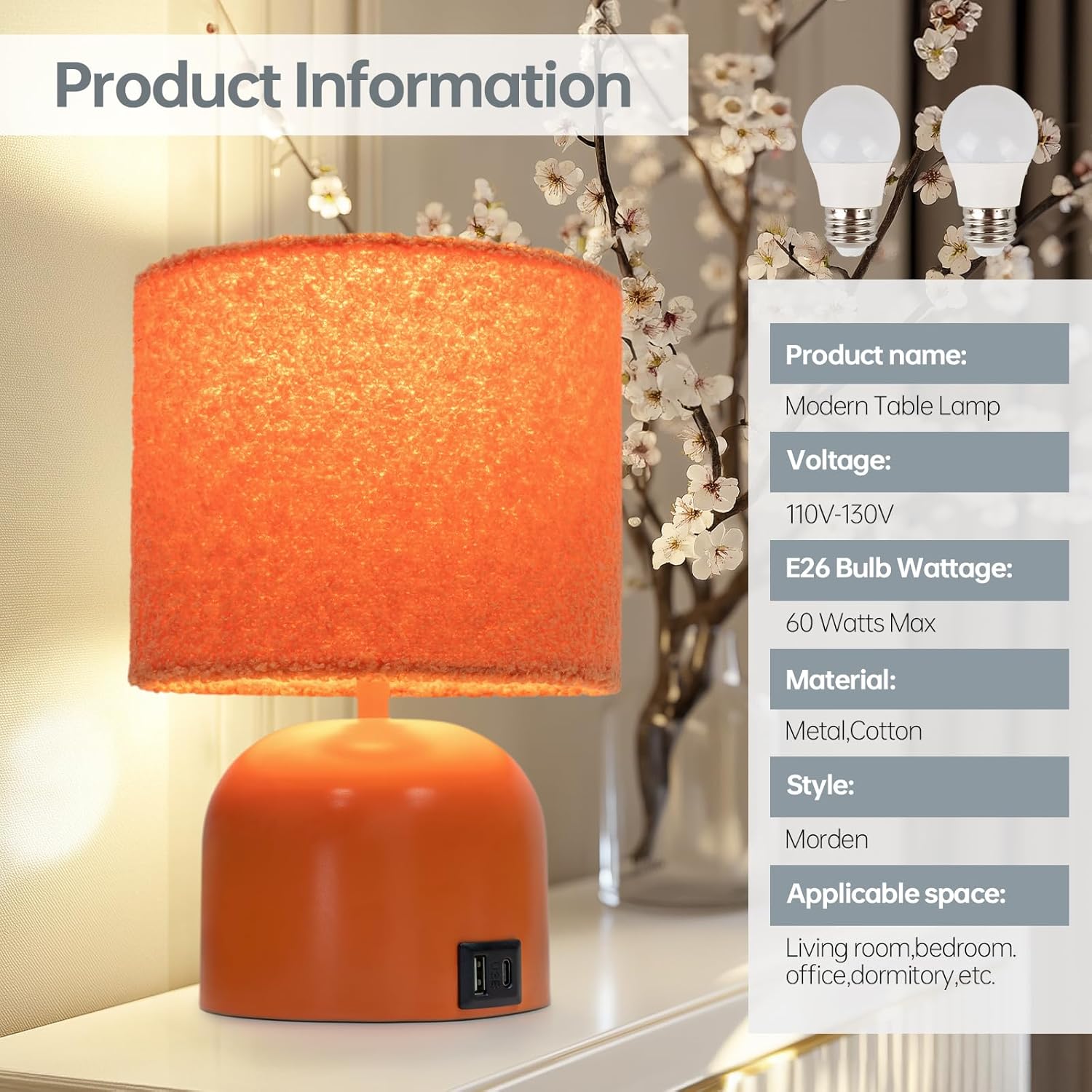 Table Lamp for Bedroom, Bedside Lamps for Nightstand, Minimalist Night Stand Light Lamp with Type-C and USB Ports, Modern Desk Table Lamp for Bedroom, Living Room, Dining Room, Office (Orange)