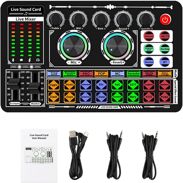 Jiakalamo Audio Mixer, F999 Bluetooth Stereo Audio Mixer Live Sound Card and Audio Interface with DJ Mixer Effects and Voice Changer for Streaming/Podcasting/Gaming/PC/Recording Studio(Black)