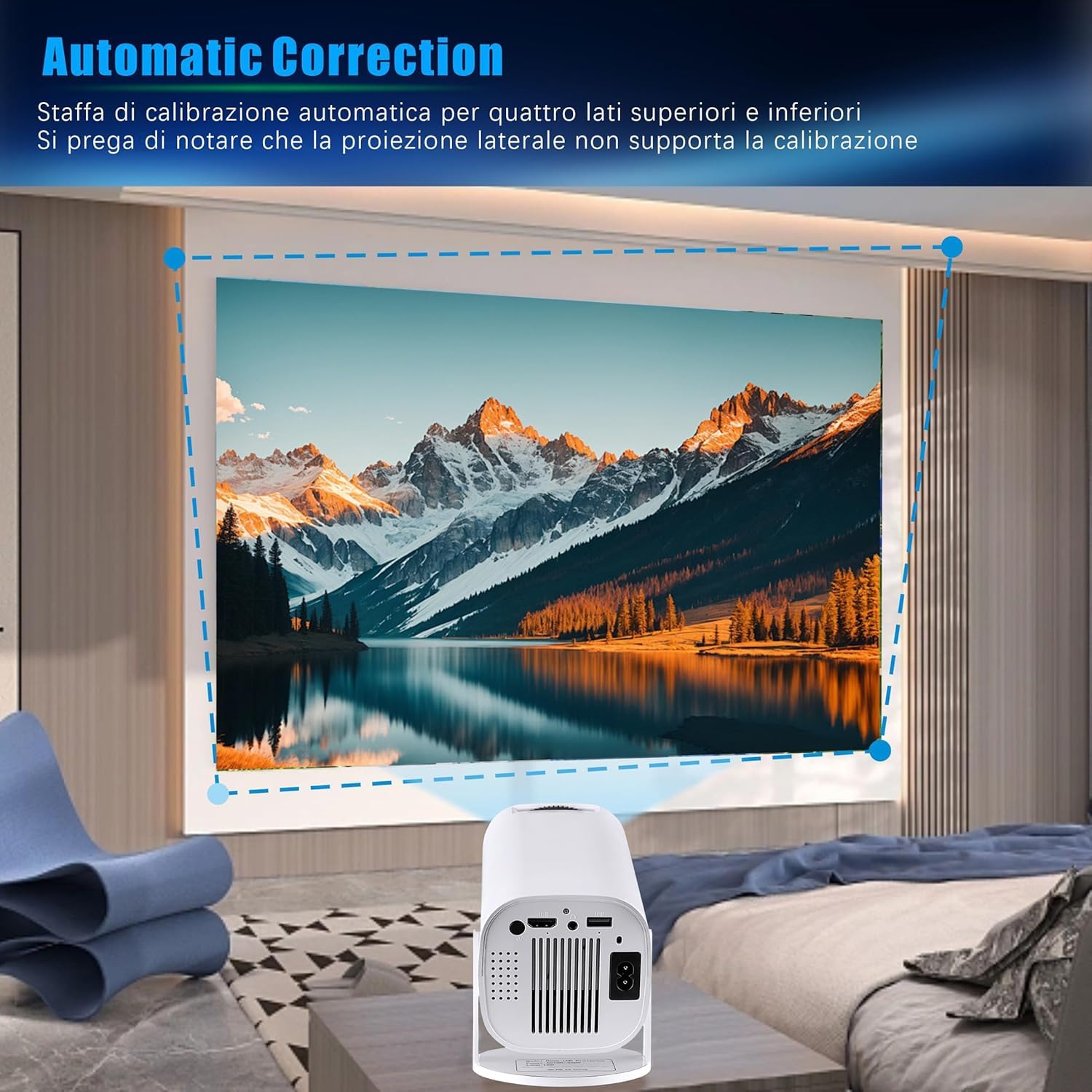 Mini Proiettore Portatile WiFi+BT5 HD Android11, Proiettore Soffitto Correzione automatica Direzione Verticale, Dimensione di proiezione 40~150 In Regolazione Dell'angolo Multiplo di 180°