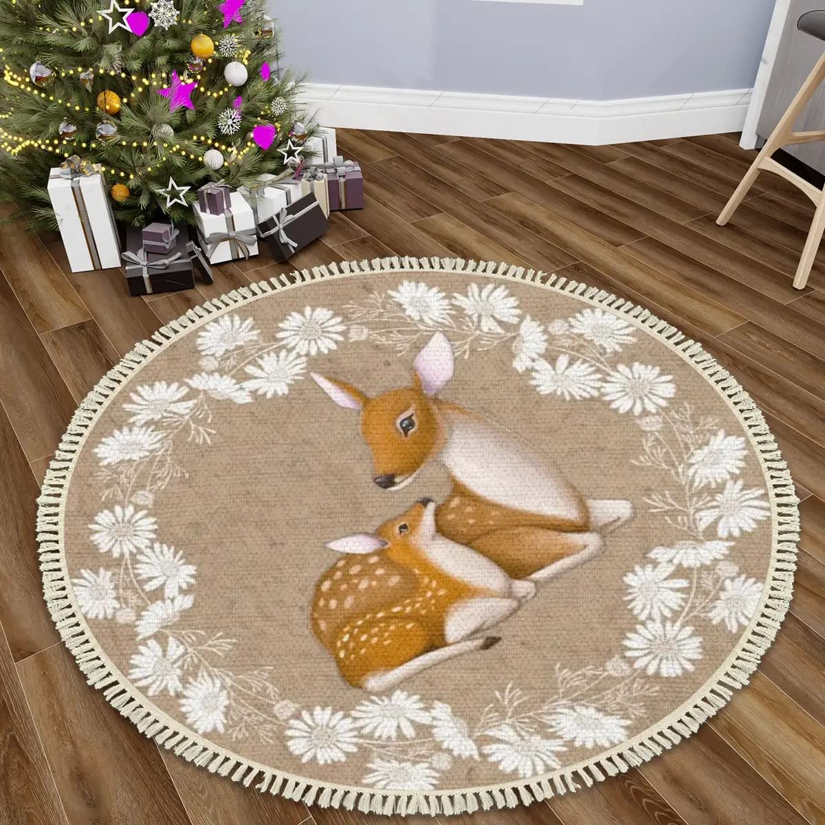 Round Boho Nursery Rug 4 ft Forest Animal Theme Cartoon Carpets Woodland Bedroom Decor Floral Deer Mom and Baby Area Rug Non Slip Circle Floor Mat for Boys Girls Room Playroom Classroom
