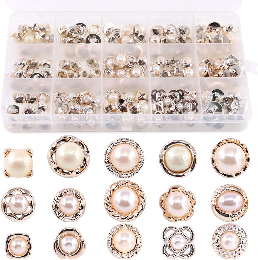 Swpeet 150Pcs 15 Types Beautifu Sew in Faux Pearl Buttons Sewing Crafts with Shank Cover Up Buttons for Clothes Shirts Suits Coats Sweaters Storage Box