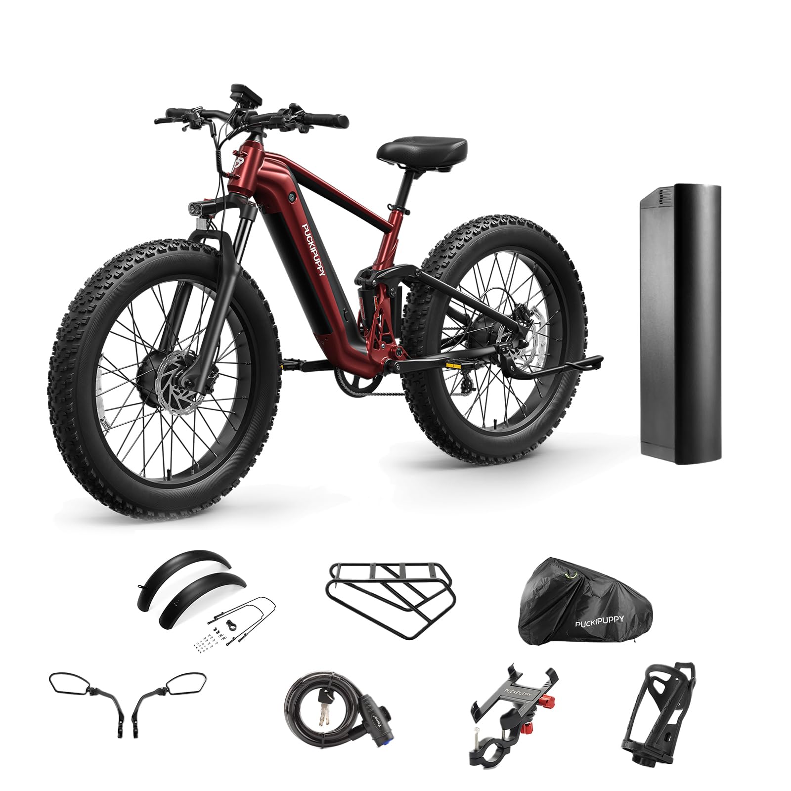 PUCKIPUPPY Dual Motor Electric Bike for Adults 1600W, 48V 20AH Battery with Torque Sensor, Full Suspension, 26" Fat Tire, 28MPH, 80 Mile Range, 8 Speed Mountain Electric Bicycle Golden Retriever Pro