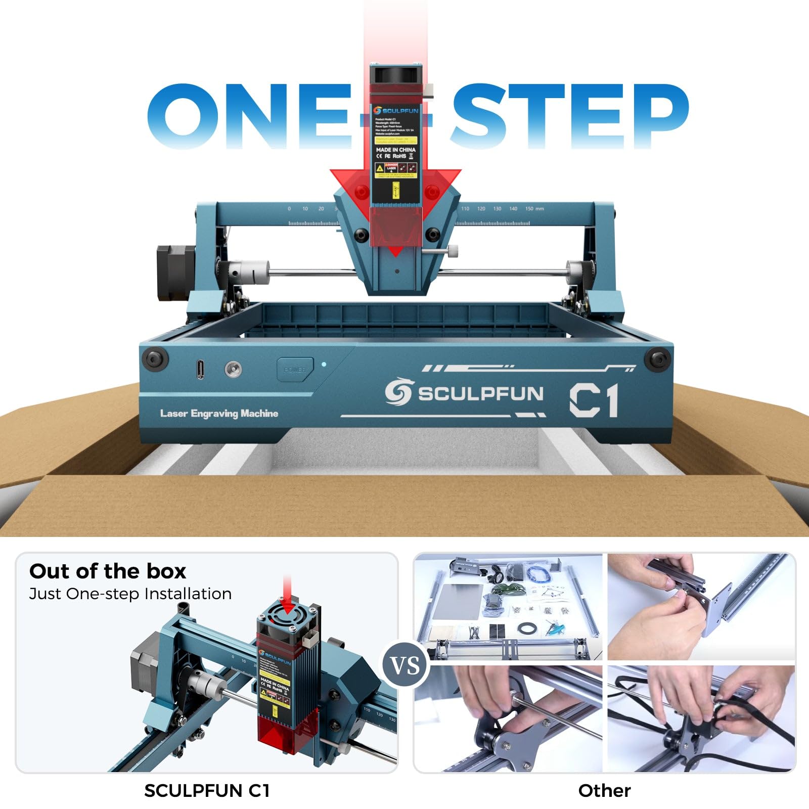 SCULPFUN Grabado láser C1 con rodillo giratorio láser RA Mini, máquina de grabado láser portátil de 3 W, grabado láser de alta precisión de 0,04 mm, rotación de 360 °, grabado cilíndrico