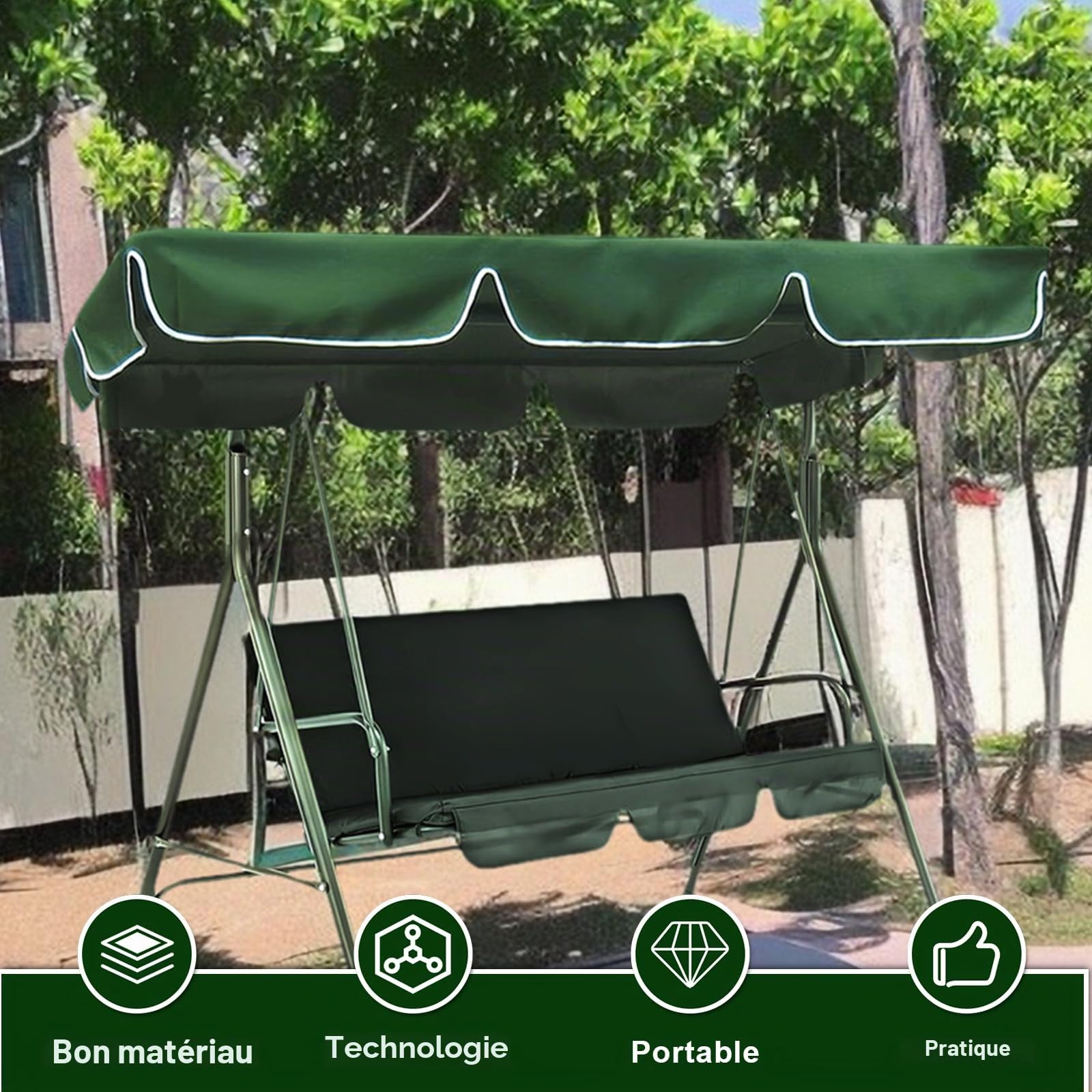 Toit pare-soleil pour balancelle de jardin - Universel - 195 x 125 x 15 cm - Auvent d'extérieur imperméable - Pour balancelle de jardin - Vert foncé